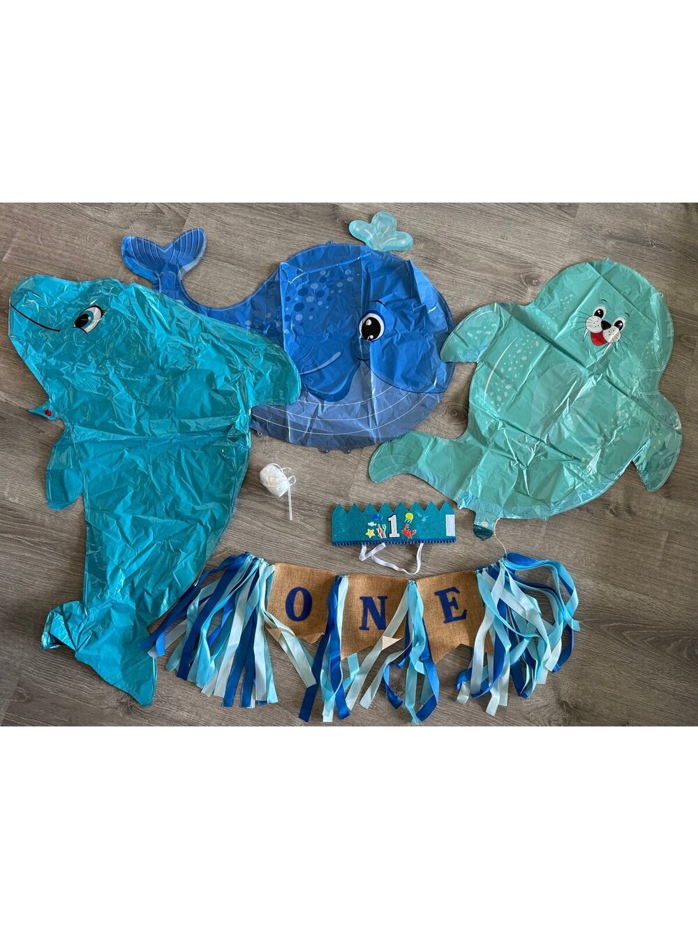 Baby ocean theme 1st birthday, mylar balloons (3), crown, ‘one’ banner